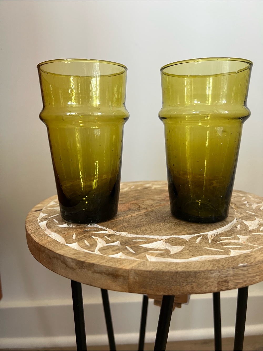 VTG Hand Made Moroccan Blendi Set of 2 Olive Green Handblown Glass Tumblers